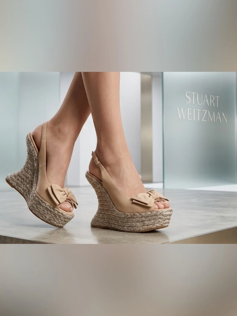 Authentic Stuart Weitzman luxury designer bow leather platform espadrilles Sz 8
